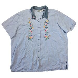 Bobbie Brooks Woman Gingham Floral Embroidered Denim Collar Shirt 22 Cottagecore